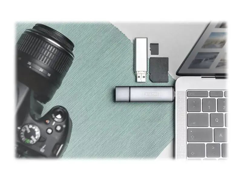 DIGITUS DA-70886 Kombinuoto kortelių skaitytuvo koncentratorius USB-C+USB 3.0 1x SD 1x MicroSD 1x USB 3.0 pilkos spalvos