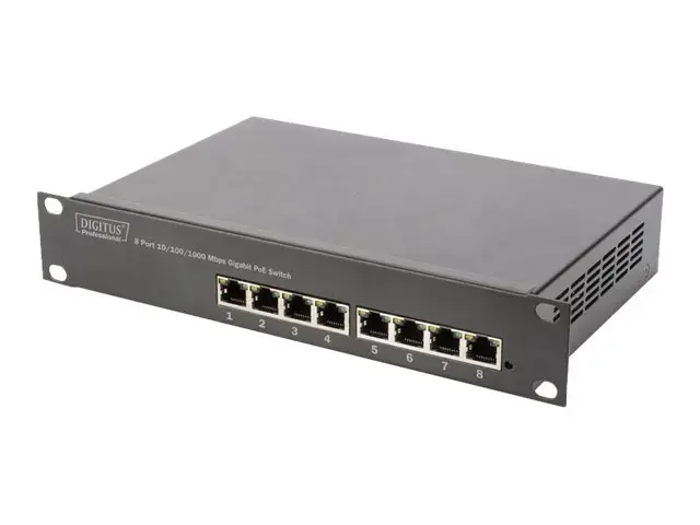 DIGITUS 10 colių 8 prievadų Gigabit Ethernet PoE komutatorius 8 x 10/100/1000Mbps RJ45 PoE 96W su 10 colių laikikliais
