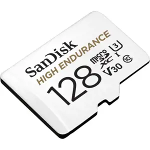 "SanDisk High Endurance microSDXC" 128 GB + SD adapteris - skirtas automobilinėms kameroms ir namų stebėjimui, iki 10 000 valandų, "Full HD" / 4K vaizdo įrašai, iki 100/40 MB/s skaitymo / rašymo greitis, C10, U3, V30; EAN:619659173104
