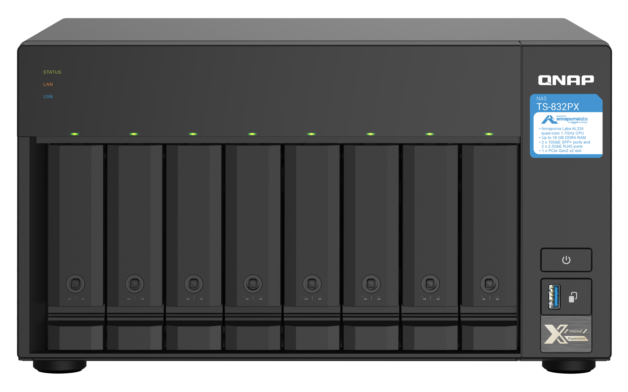 QNAP TS-832PX, NAS, bokštas, "Annapurna Labs", AL324, aliuminis, juodas