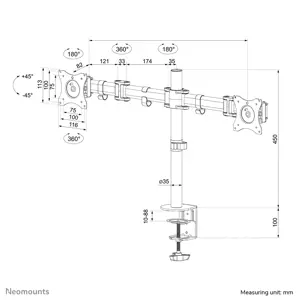 "Neomounts by Newstar" Pasirinkite "Neomounts" monitoriaus laikiklį ant stalo, tvirtinimas per laikiklį, 8 kg, 25,4 cm (10"), 68,6 cm (27"), 100 x 100 mm, baltas