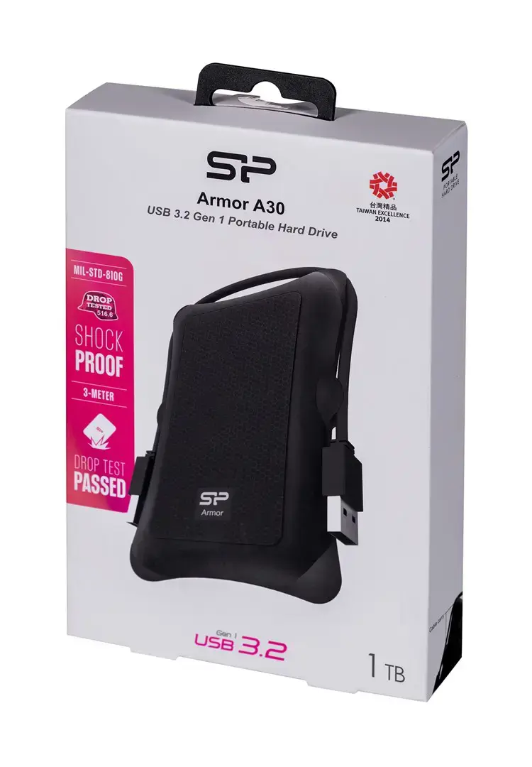 SILICON POWER Išorinis kietasis diskas Armor A30 1TB 2,5 colio USB 3.2 nuo smūgių Juoda MIL-STD 810F metodas 516.5 IV procedūra LED šviesa