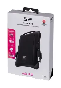 SILICON POWER Išorinis kietasis diskas Armor A30 1TB 2,5 colio USB 3.2 nuo smūgių Juoda MIL-STD 810F metodas 516.5 IV procedūra LED šviesa