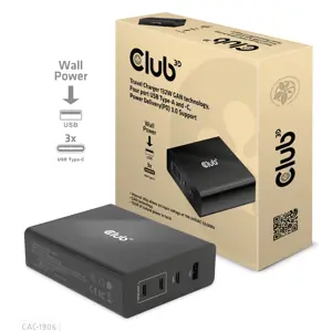 CLUB3D Travel Charger 132W GAN technology, Four port USB Type-A and -C, Power Delivery(PD) 3.0 Support, Indoor, DC, Black