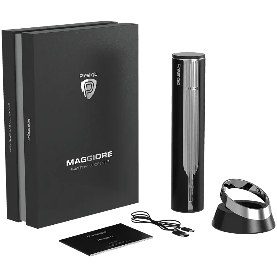 "Prestigio Maggiore", išmanusis vyno atidarytuvas, 100 % automatinis, be įkrovimo atidaro iki 70 butelių, pridedamas folijos pjaustytuvas, aukščiausios kokybės dizainas, 480 mAh akumuliatorius, matmenys D 48*H228 mm, juoda + sidabrinė spalva.