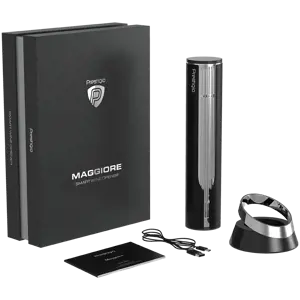"Prestigio Maggiore", išmanusis vyno atidarytuvas, 100 % automatinis, be įkrovimo atidaro iki 70 butelių, pridedamas folijos pjaustytuvas, aukščiausios kokybės dizainas, 480 mAh akumuliatorius, matmenys D 48*H228 mm, juoda + sidabrinė spalva.