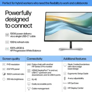 HP 524pu Series 5 Pro FHD Charging Monitor - 23.8" 1920x1080 FHD 350-nit 100Hz AG, IPS, USB-C(100W/15W)/HDMI/DisplayPort Daisy-Chain, 3x USB-A, RJ-45 LAN, height adjustable/tilt/swivel/pivot, 3 years (replaces E24u G5)