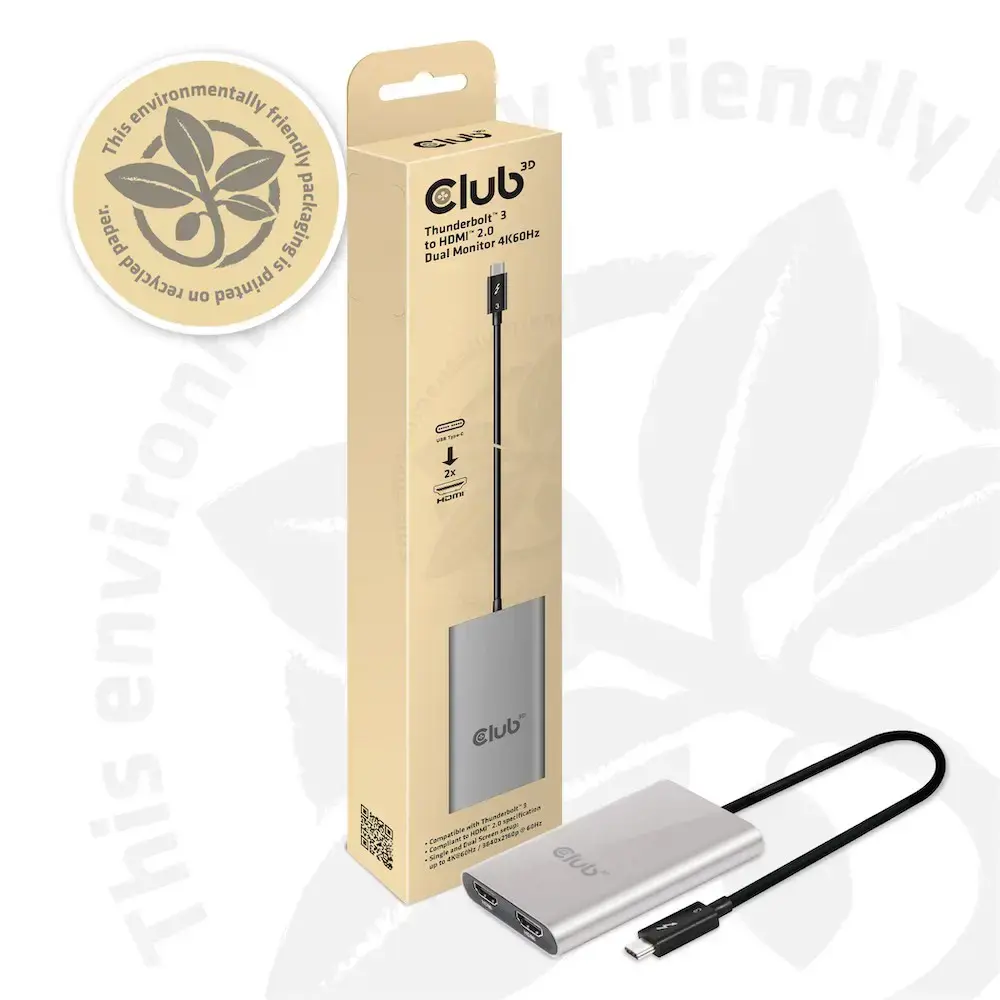 CLUB3D Thunderbolt 3 to Dual HDMI 2.0 Adapter, 2x HDMI, HDMI 2.0, 3840 x 2160 pixels, Grey, Silver, 60 Hz, 0.27 m