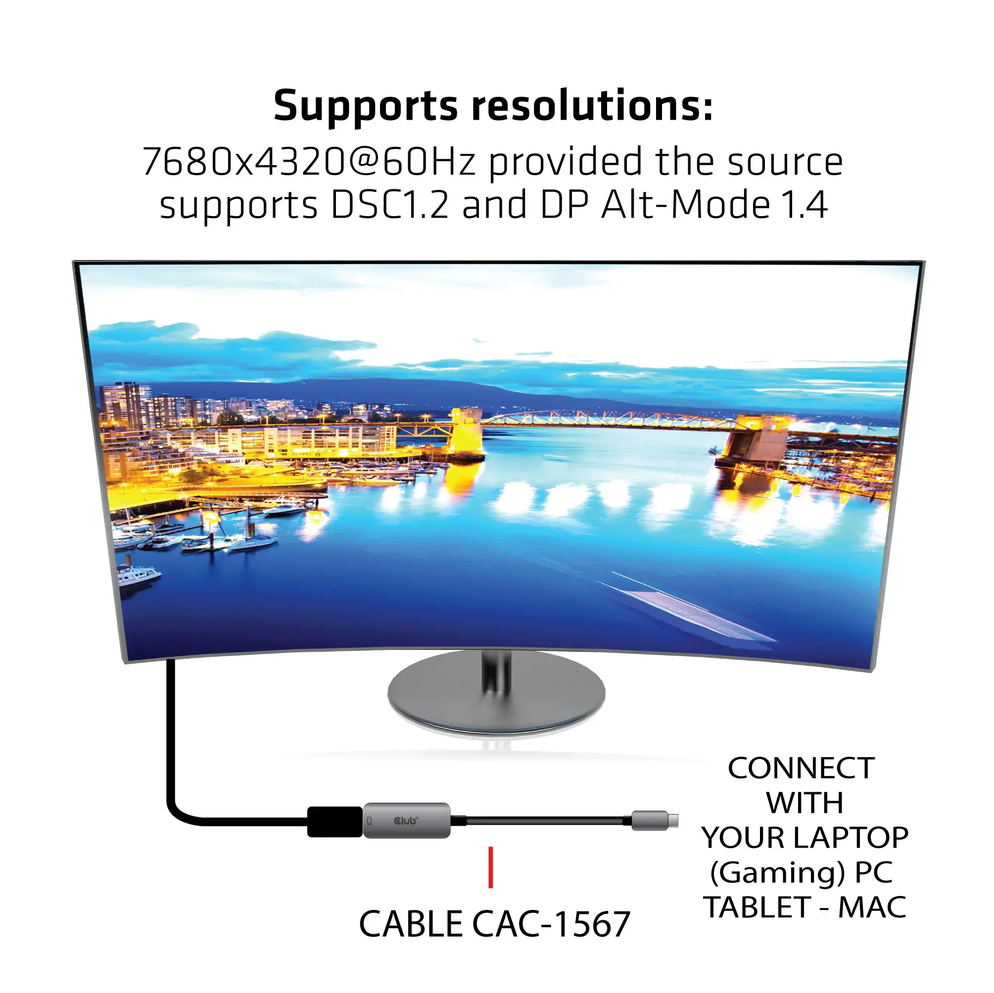 CLUB3D USB Type C to DisplayPort 1.4 8K60Hz HBR3 Active Adapter, USB Type-C, DisplayPort output, 7680 x 4320 pixels