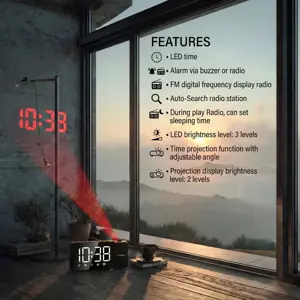 Digital LED clock radio with GreenBlue projector, FM radio, alarm, 12/24 clock, 5V DC USB power sup…