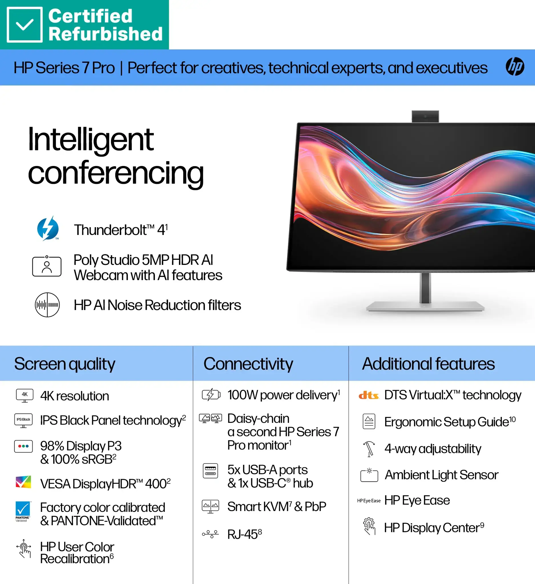 RENEW SILVER HP 727pm Series 7 Pro 4K Conferencing Monitor - 27" 3840x2160 UHD 400-nit 60Hz AG, IPS Black HDR 400, USB-C(100W/15W)/HDMI/DP Daisy-Chain, 5x USB-A, speakers, 5MP webcam, RJ-45 LAN, height adjustable/tilt/swivel/pivot, 1 years