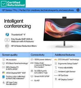 RENEW SILVER HP 727pm Series 7 Pro 4K Conferencing Monitor - 27" 3840x2160 UHD 400-nit 60Hz AG, IPS Black HDR 400, USB-C(100W/15W)/HDMI/DP Daisy-Chain, 5x USB-A, speakers, 5MP webcam, RJ-45 LAN, height adjustable/tilt/swivel/pivot, 1 years