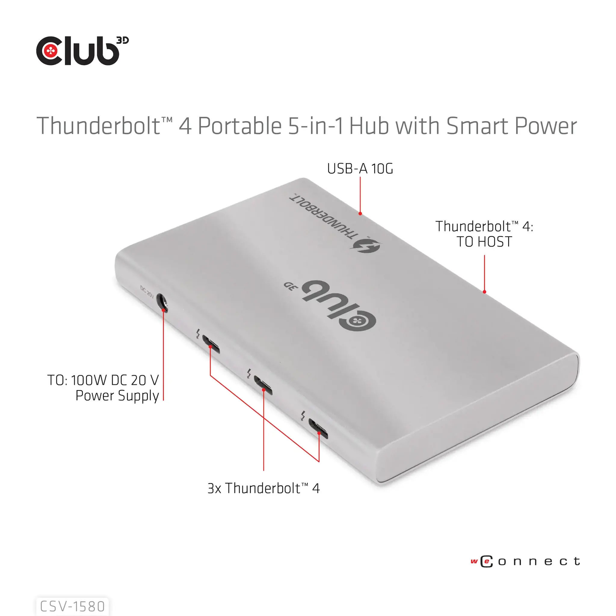 CLUB3D Certified Thunderbolt™4 Portable 5-in-1 Hub with Smart Power, Docking, Thunderbolt 4, Silver, OS Support: Windows10™ or above version supported Thunderbolt™ 4 host MacOS™ 11 or above..., DC, 10 W