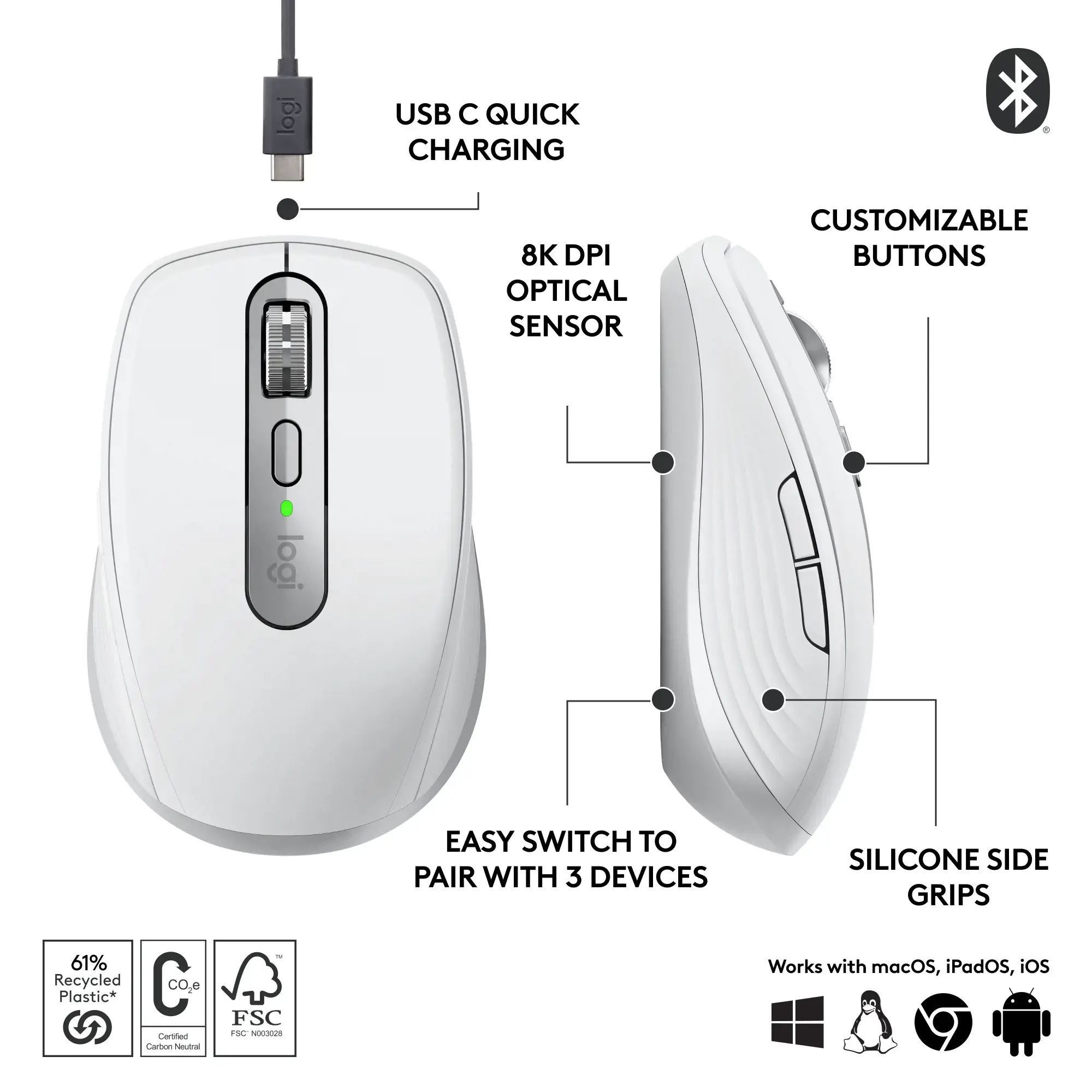 "Logitech MX Anywhere 3S", dešinioji ranka, lazerinis, RF belaidis + "Bluetooth", 8000 DPI, pilkas, baltas