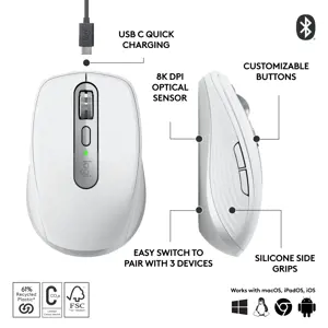 "Logitech MX Anywhere 3S", dešinioji ranka, lazerinis, RF belaidis + "Bluetooth", 8000 DPI, pilkas, baltas