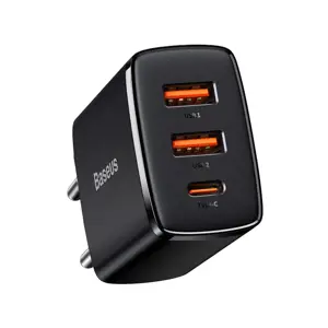 "Baseus" kompaktiškas greitasis įkroviklis, 2xUSB, USB-C, PD, 3A, 30W, juodas (juodas)