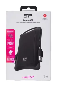 SILICON POWER Išorinis kietasis diskas Armor A30 1TB 2,5 colio USB 3.2 nuo smūgių Juoda MIL-STD 810F metodas 516.5 IV procedūra LED šviesa