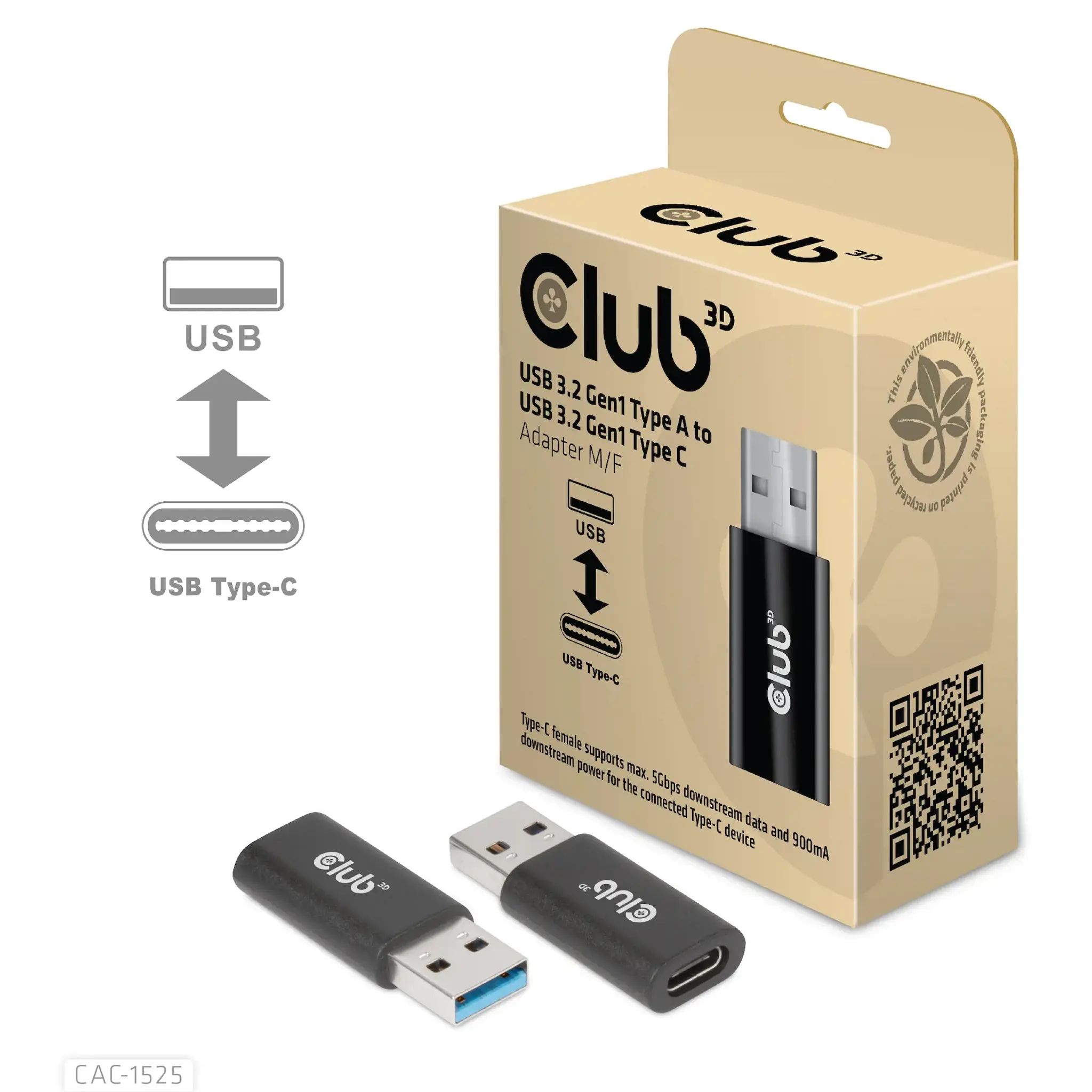 CLUB3D USB 3.2 Gen1 Type A to USB 3.2 Gen1 Type C Adapter M/F, USB A, USB TYPE C, 3.2 Gen 1 (3.1 Gen 1), Black