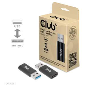 CLUB3D USB 3.2 Gen1 Type A to USB 3.2 Gen1 Type C Adapter M/F, USB A, USB TYPE C, 3.2 Gen 1 (3.1 Gen 1), Black