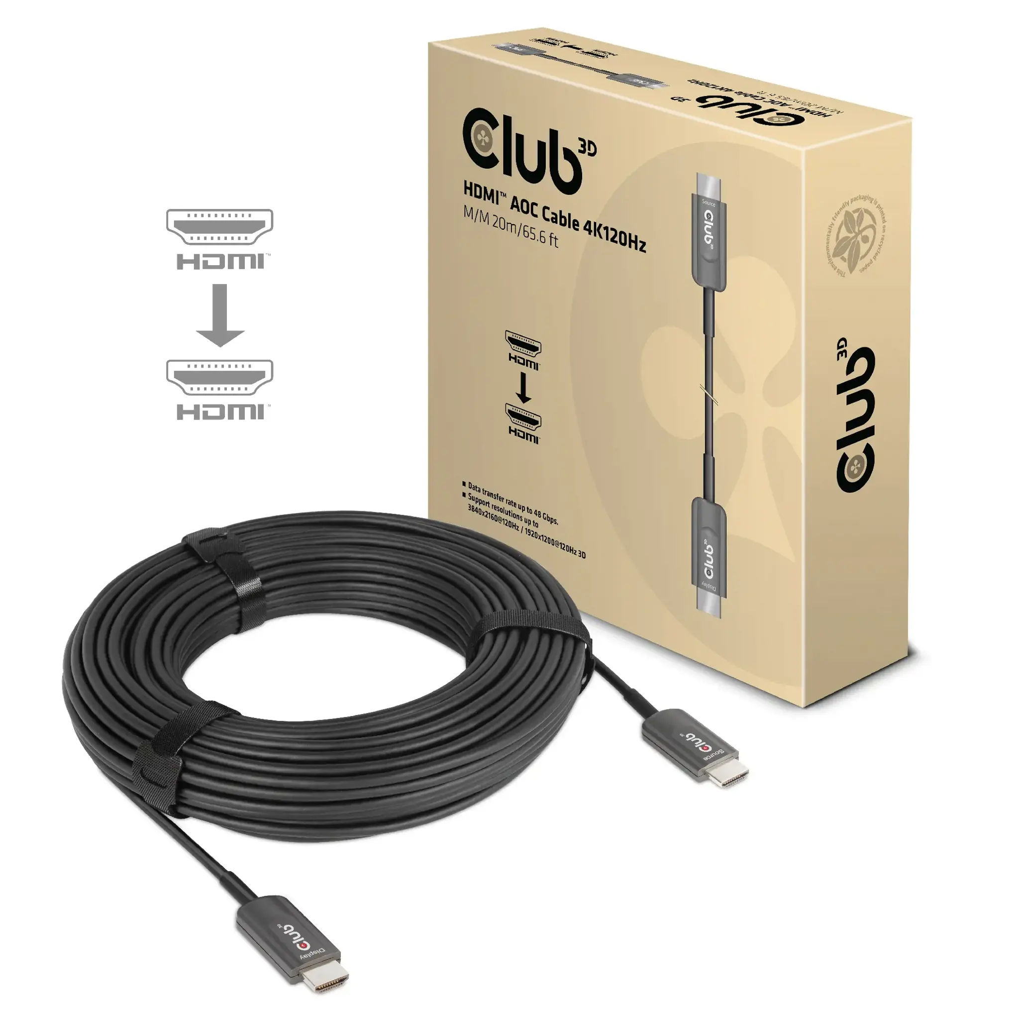 CLUB3D Ultra High Speed HDMI™ Certified AOC Cable 4K120Hz/8K60Hz Unidirectional M/M 20m/65.6ft, 20 m, HDMI Type A (Standard), HDMI Type A (Standard), Black