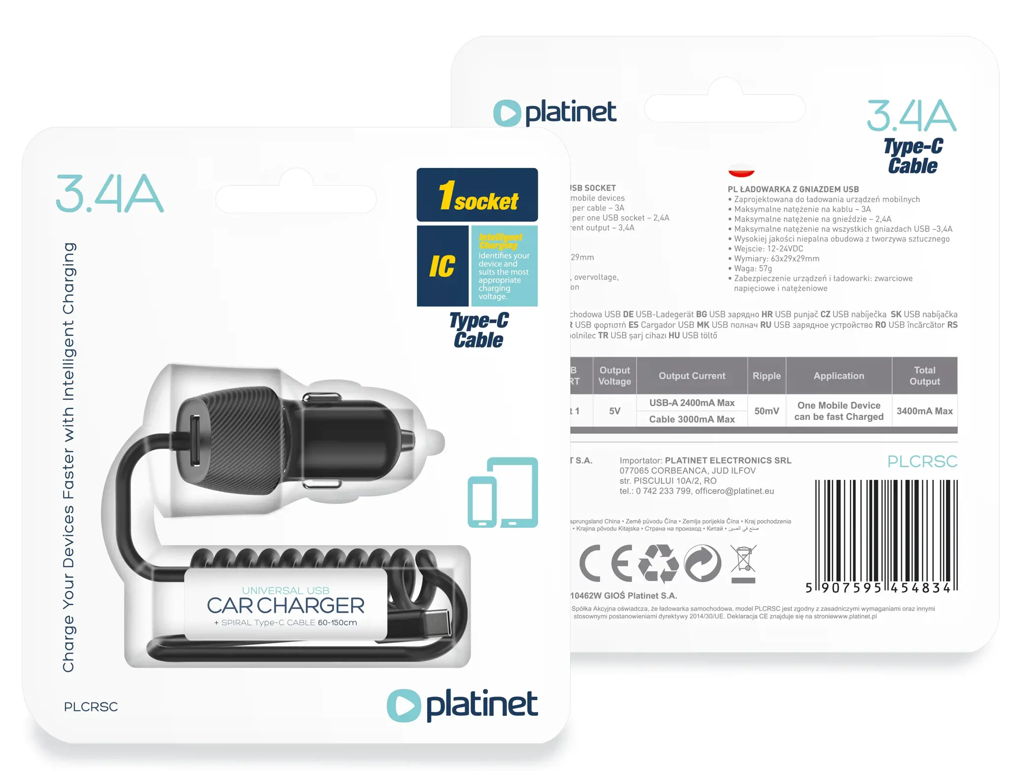 Platinet automobilinis maitinimo adapteris 3,4A USB-A + USB-C (45483)