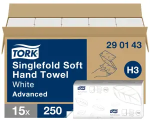 Rankų valymo servetėlės TORK Soft Singlefold H3, 290143, 2 sl., 250 serv., 23 x 22,6 cm, balta sp.