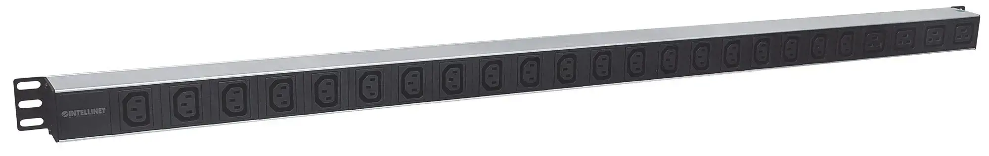 INTELLINET PDU 24 išvesties C13+C19 vertikalaus montavimo į stovą maitinimo paskirstymo blokas su nuimamu maitinimo kabeliu ir galiniu C14 įvadu