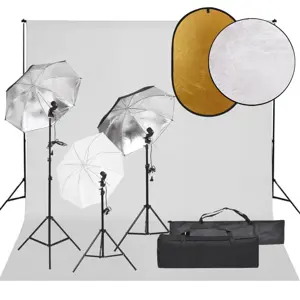 Fotostudijos rinkinys su šviestuvais, fonu ir reflektoriumi