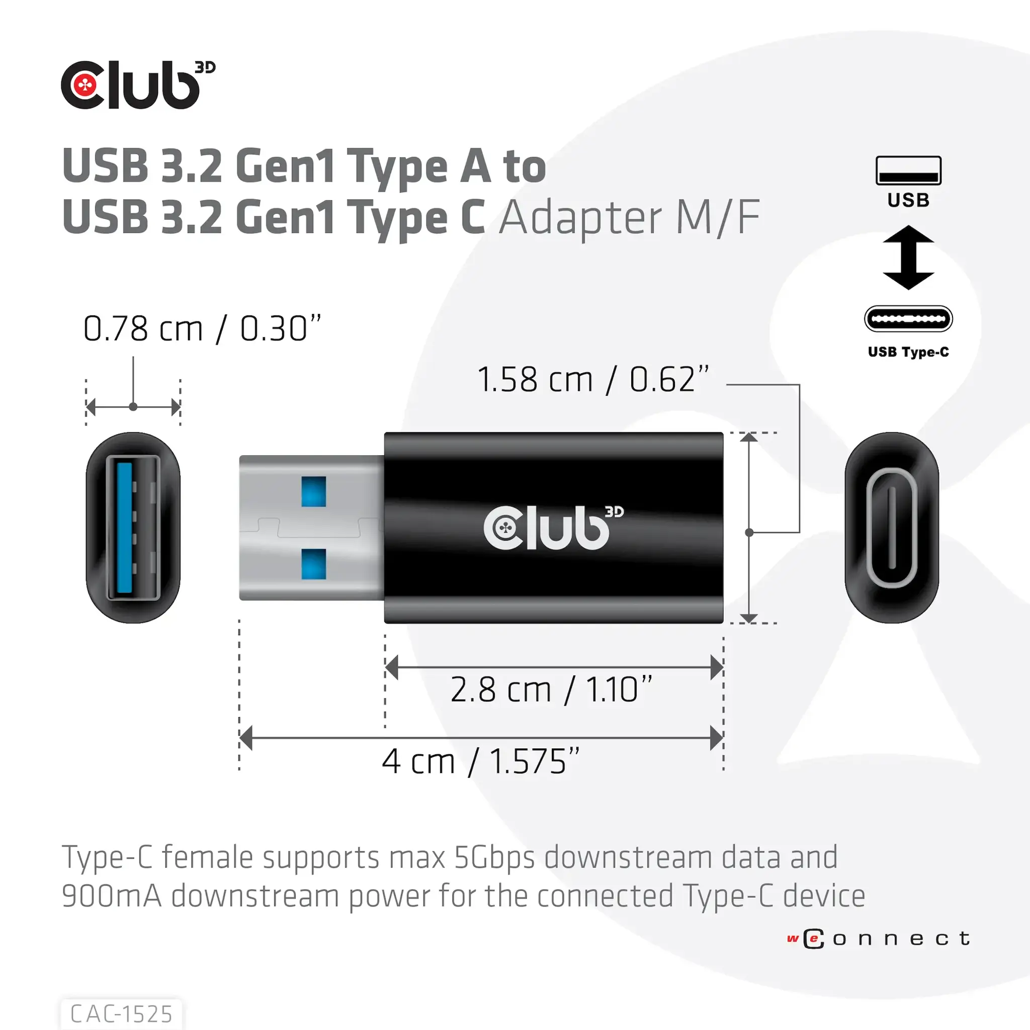 CLUB3D USB 3.2 Gen1 Type A to USB 3.2 Gen1 Type C Adapter M/F, USB A, USB TYPE C, 3.2 Gen 1 (3.1 Gen 1), Black