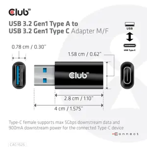 CLUB3D USB 3.2 Gen1 Type A to USB 3.2 Gen1 Type C Adapter M/F, USB A, USB TYPE C, 3.2 Gen 1 (3.1 Gen 1), Black