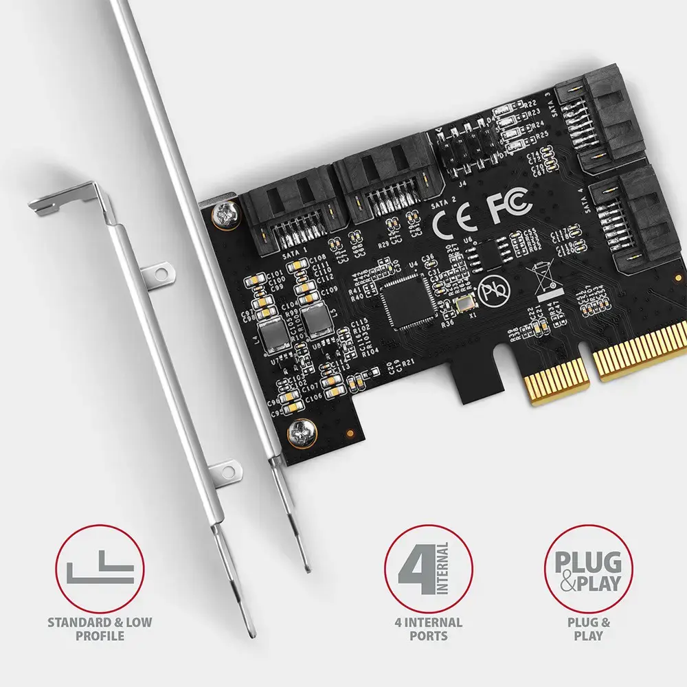 "Axagon" keturių kanalų SATA III PCI-Express valdiklis su keturiais vidiniais SATA prievadais. Standartinis ir žemo profilio.