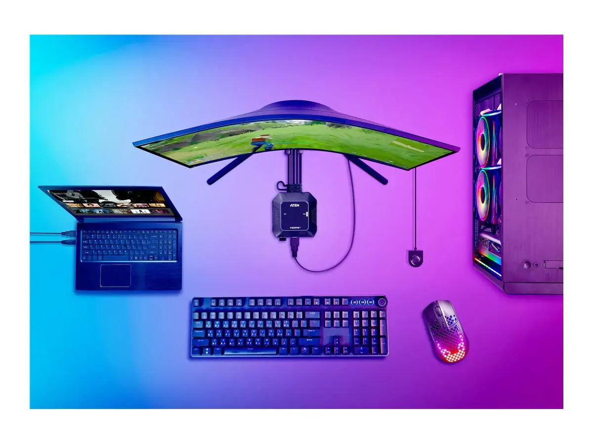 ATEN 2 prievadų USB 4K HDMI kabelinis KVM jungiklis su nuotoliniu prievadų parinkikliu, 4096 x 2160 taškų, 4K Ultra HD, 3,47 W, juodas