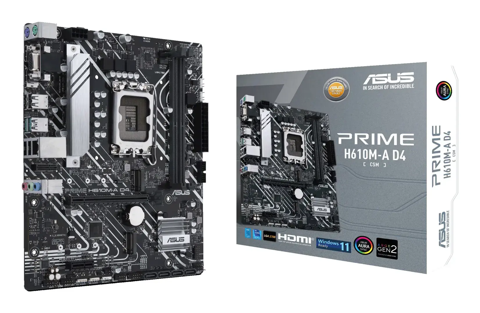 ASUS PRIME H610M-A D4-CSM, "Intel", LGA 1700, "Intel® Celeron®", "Intel® Core™ i3", "Intel® Core™ i5", "Intel® Core™ i7", "Intel® Core™ i9", "Intel® Pentium®", DDR4-SDRAM, LPDDR3-SDRAM, 64 GB, DIMM