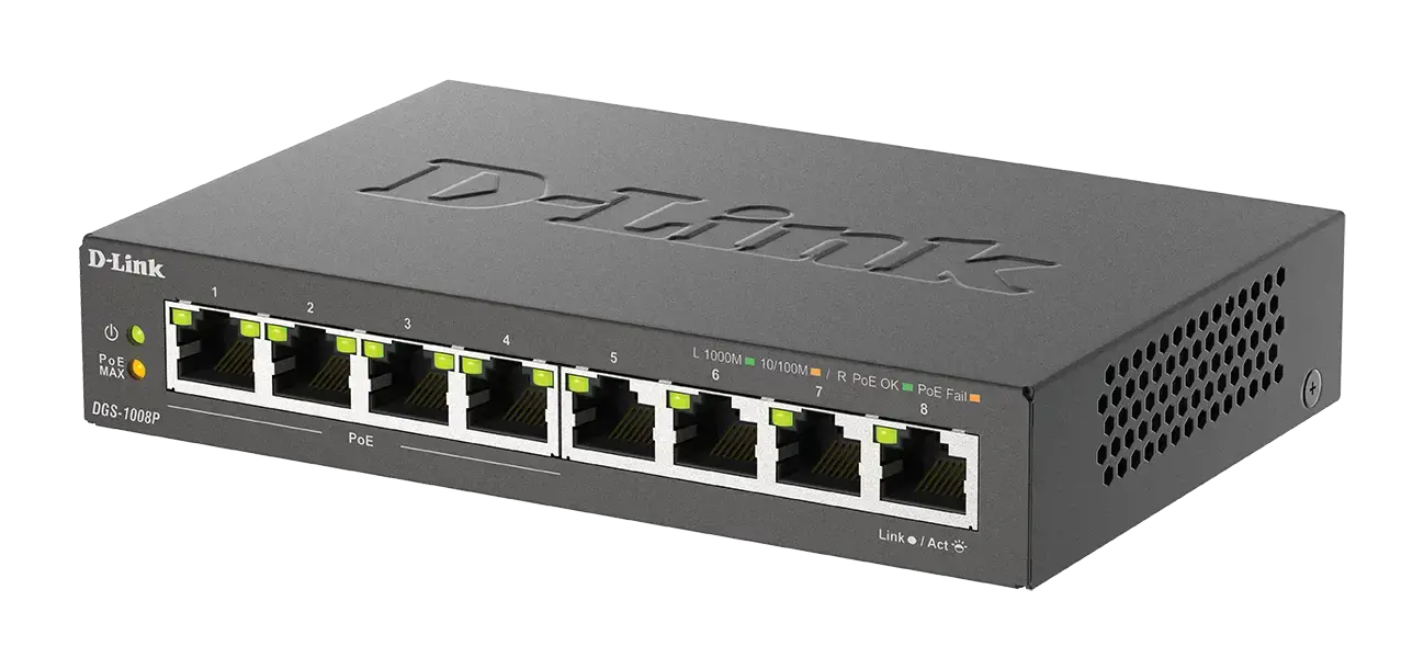D-Link DGS-1008P, nevaldomas, Gigabit Ethernet (10/100/1000), dvipusis duomenų perdavimas, maitinimas per Ethernet (PoE)
