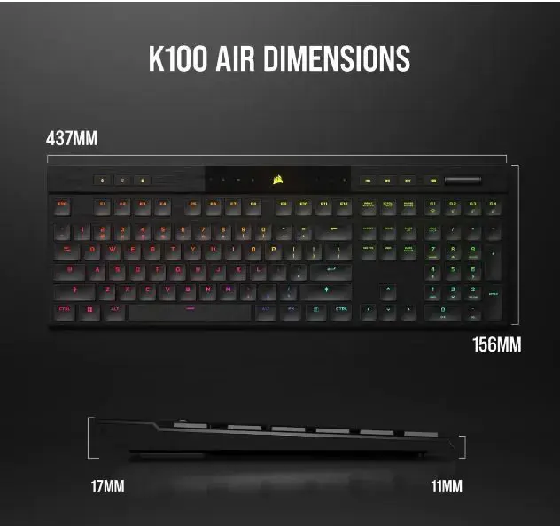 CORSAIR K100 RGB AIR belaidė itin plona mechaninė žaidimų klaviatūra su RGB LED apšvietimu CHERRY ULP Tactile Black