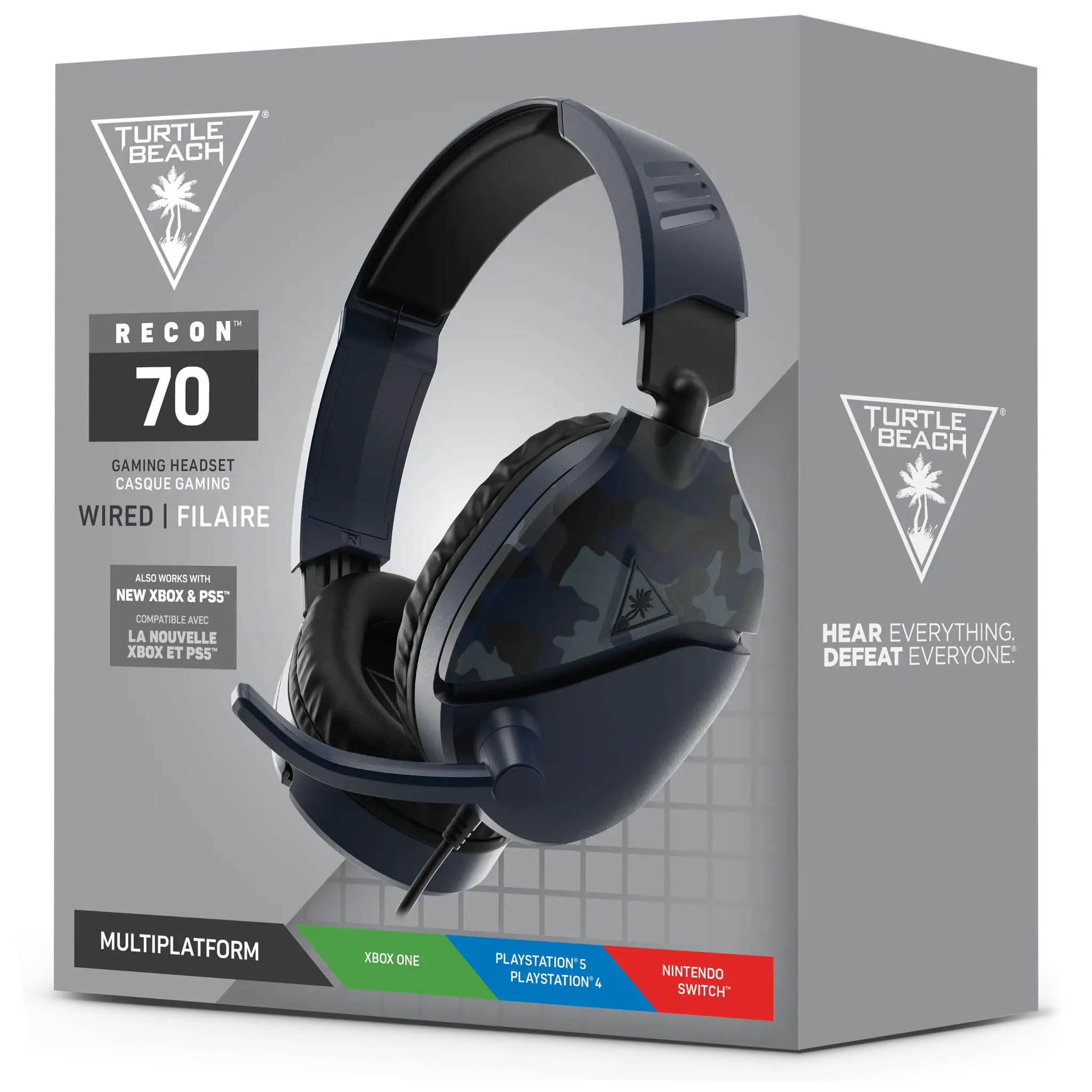 "Turtle Beach Recon 70" žaidimų ausinės "Xbox", PS5, PS4, "Switch", PC - "Camo Blue", laidinės, žaidimų, 20-20000 Hz, 485,3 g, ausinės, juodos, mėlynos, kamufliažinės