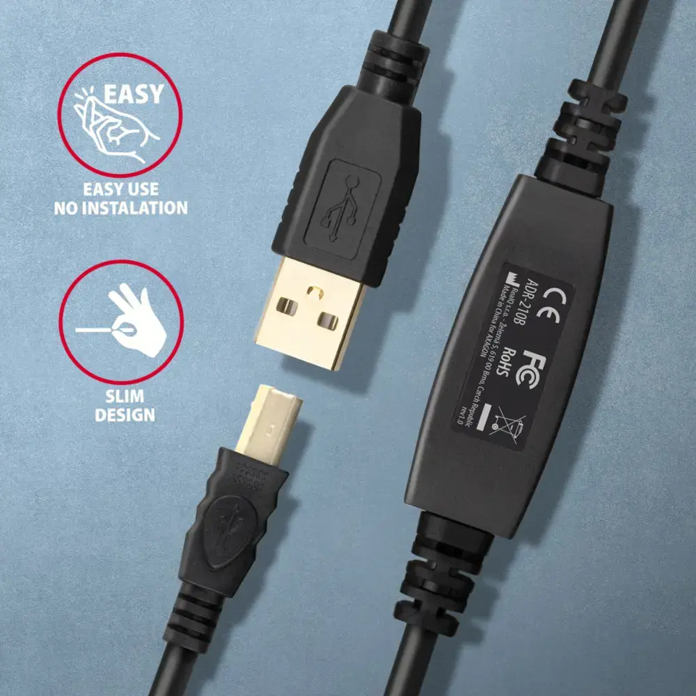Aragon ADR-210B Aktyviosios jungties USB 2.0 A-M > B-M kabelis, 10 m ilgio. Maitinimo šaltinio parinktis.
