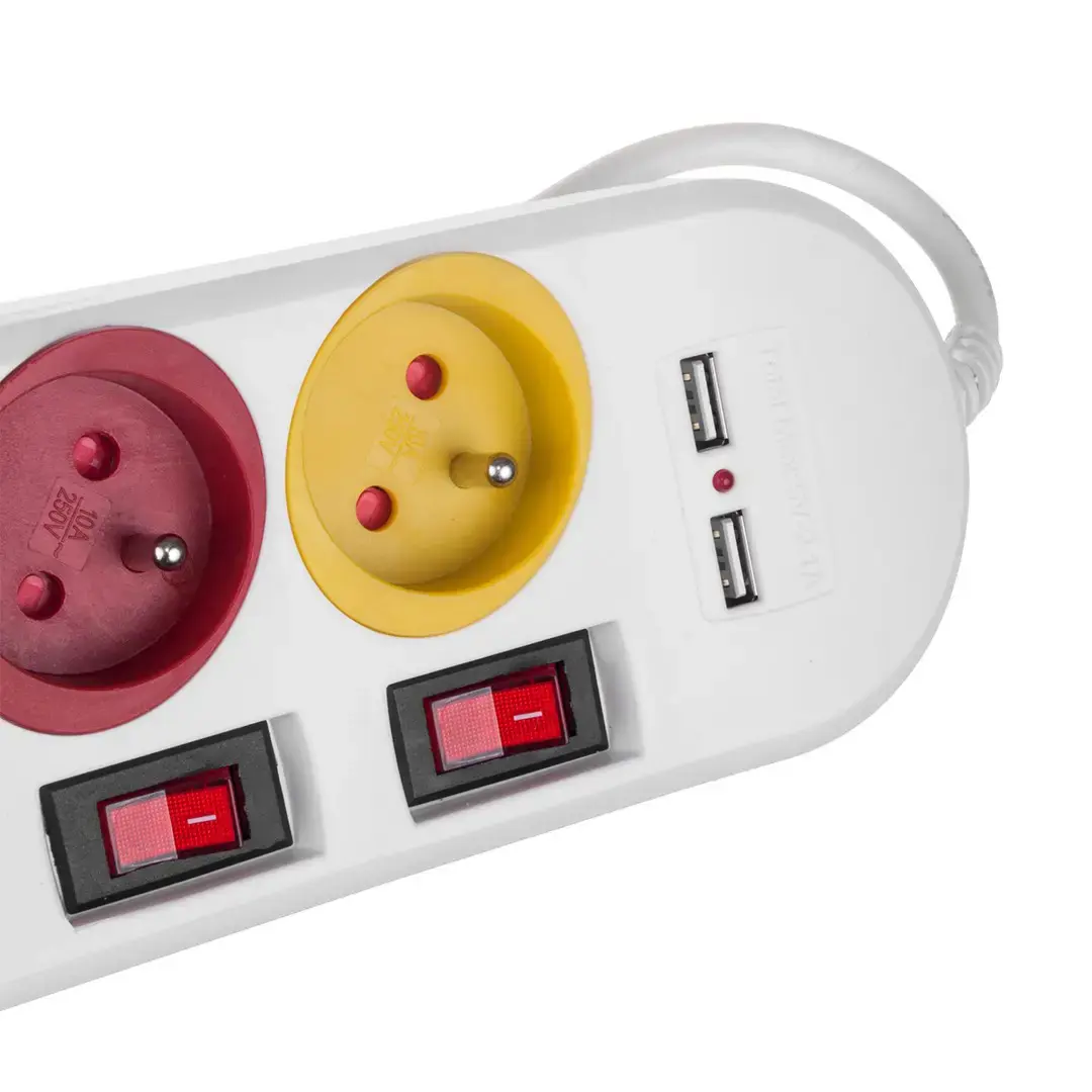 Maclean power strip, extender 4 sockets + 2xUSB, with switches, 250VAC/10A, 2.1A 5V, 1.5m, white, MCE229 W