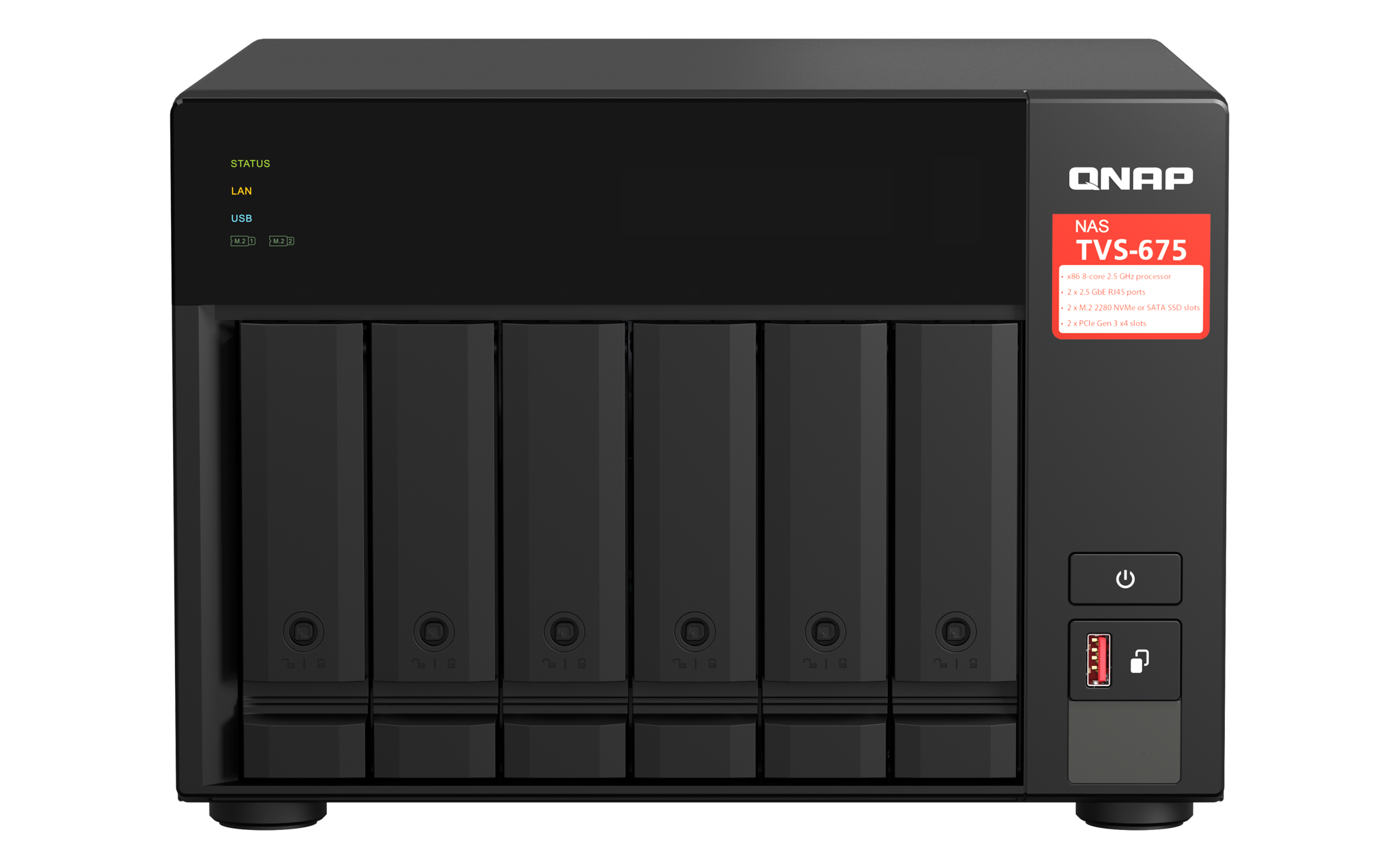 QNAP TVS-675-8G 6-bay NAS KX-U6580 8C/8T 2.5GHz 8GB 6xSATA 6Gb/s bays 2xM.2 NVMe PCIe Gen3 SSD slots 2x2.5GbE LAN optional 10GbE