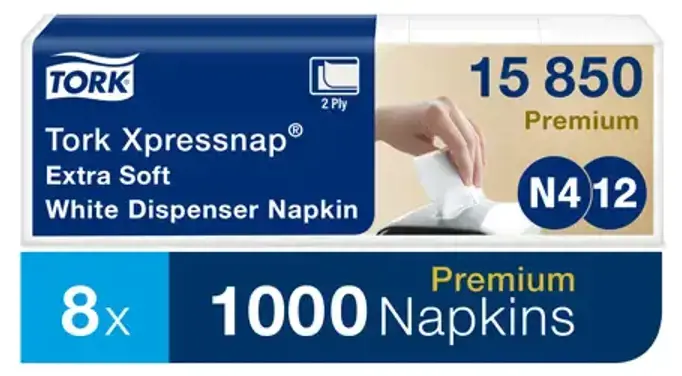 Servetėlės TORK Premium N4 21.6 x 16.5 cm, dviejų sluoksnių, 1000 vnt, baltos