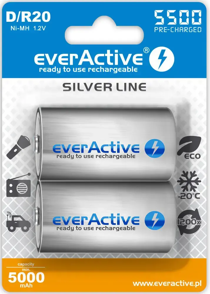 Įkraunamos baterijos everActive R20/D Ni-MH 5500 mAh paruoštos naudoti