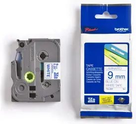 Brother laminuota juosta 9 mm, mėlyna ant baltos spalvos, TZe, pilka, terminis perkėlimas, Brother, PT-1280HK, PT-1280SN, PT-1280KT, PT-D200HK, PT-1100SN, PT-1100KT, PT-2100VP, PT-2730, PT-7600,...
