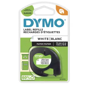 DYMO LetraTag Paper Labels | Authentic | 12 mm x 4 m Roll | Black Print on White | Self-Adhesive Multipurpose Labels for LetraTag Label Makers | Made in Europe, Black on white, Paper, Belgium, DYMO, LetraTag 100T, LetraTag 100H, 1.2 cm