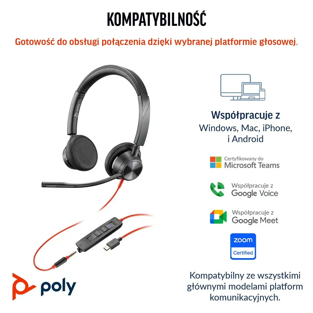 POLY Blackwire 3325 Stereo Microsoft Teams Certified USB-C Headset +3.5mm Plug +USB-C/A Adapter, Wired, Office/Call center, 131 g, Headset, Black
