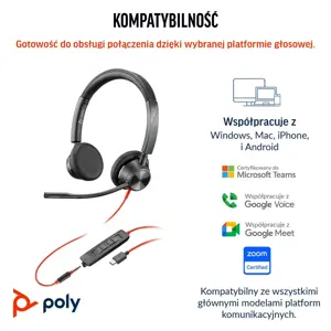 POLY Blackwire 3325 Stereo Microsoft Teams Certified USB-C Headset +3.5mm Plug +USB-C/A Adapter, Wired, Office/Call center, 131 g, Headset, Black