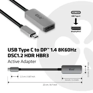 CLUB3D USB Type C to DisplayPort 1.4 8K60Hz HBR3 Active Adapter, USB Type-C, DisplayPort output, 7680 x 4320 pixels
