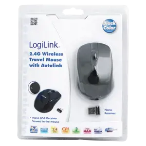 Logilink Maus optisch Funk 2,4 GHz belaidis, juoda, 2,4GH belaidė mini pelė su automatiniu susiejimu