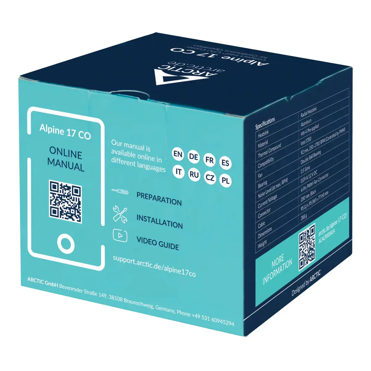 ARCTIC Alpine 17 CO, Air cooler, 9.2 cm, 250 RPM, 2700 RPM, 0.3 sone, Black, Silver