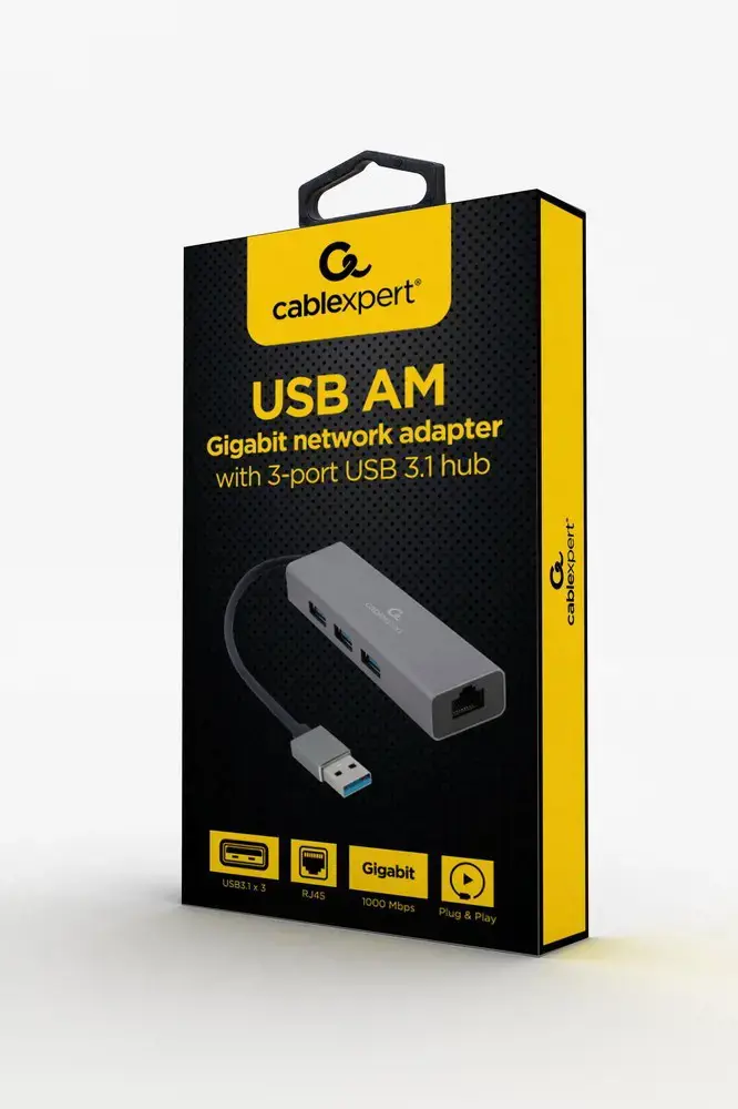 GEMBIRD A-AMU3-LAN-01 USB AM Gigabitinio tinklo adapteris su 3 prievadų USB 3.0 šakotuvu