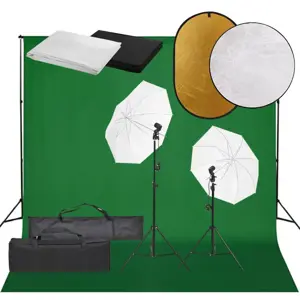 Fotostudijos rinkinys su šviestuvais, fonu ir reflektoriumi